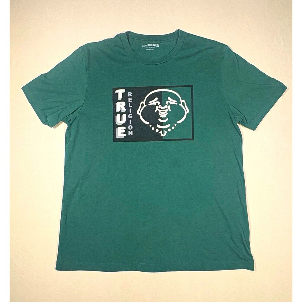 True Religion Box Buddha Face Tee Mens XL Green Knit Graphic Print Crew Neck